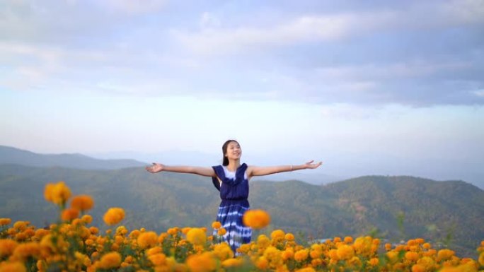 快乐少女在山上的黄花地里伸出手臂