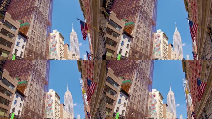 美国国旗和帝国大厦的概念观。纽约天际线。