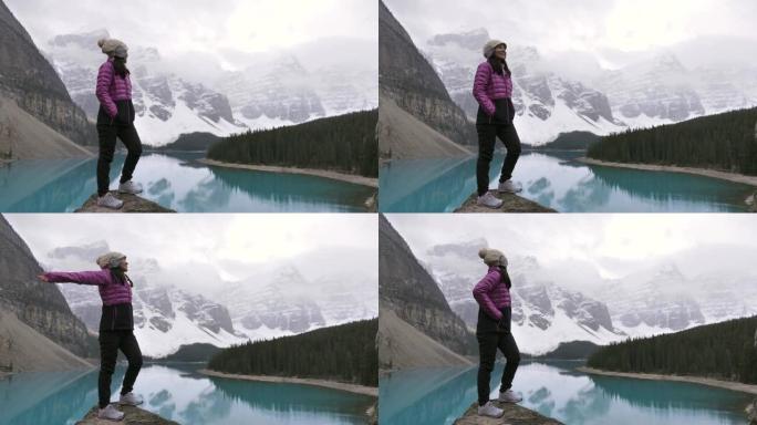 远足妇女在冰a湖的山顶