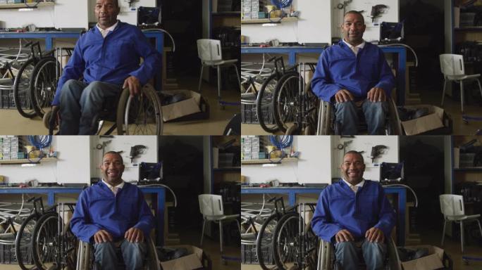 坐轮椅的残疾人看着相机