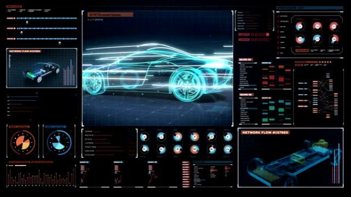 未来展示中的汽车技术。带线行驶的汽车。4K. 1。