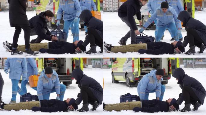 EMTs奔向躺在雪地上的昏迷男子