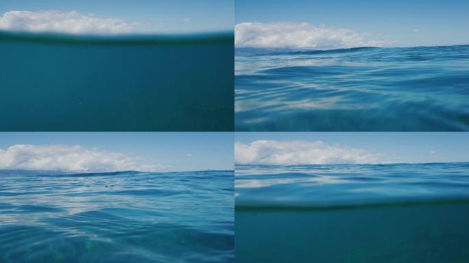 平静的蓝色海洋，背景是热带岛屿