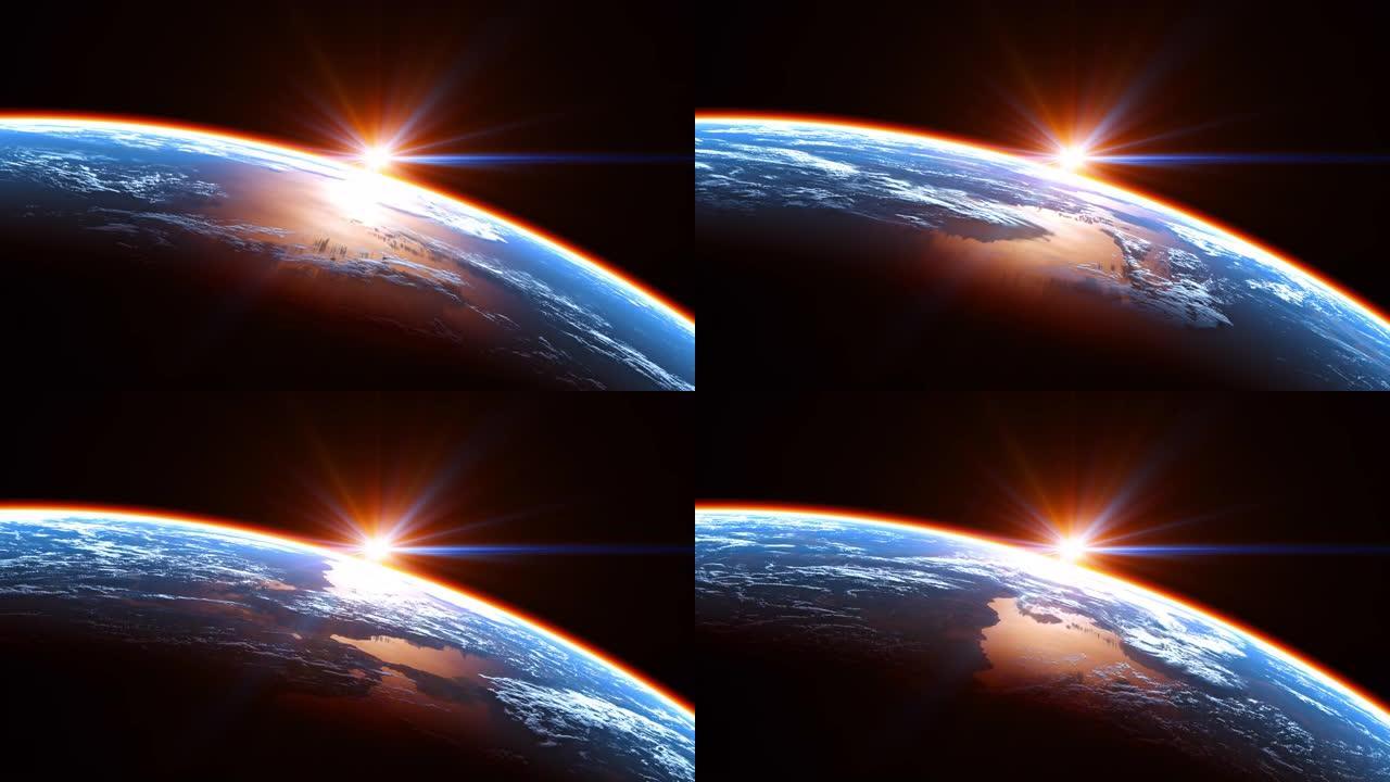 从太空和在太阳光线中发光的大气中看到地球的惊人景色。4K。