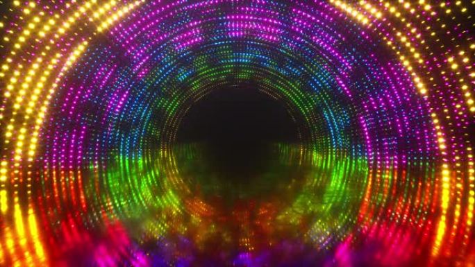明亮的光隧道发光的多色点和反射金属刮擦的纹理地板。灯光隧道舞台为您的视频背景，音乐会视觉表演。无缝循