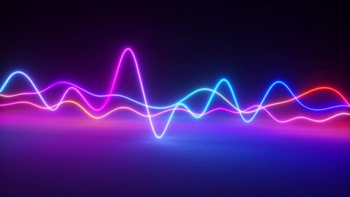 彩色明亮的霓虹灯发光图形均衡器。紫外信号光谱、激光显示、能量、声音振动和波。无缝循环3d渲染