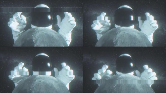 一名宇航员在月球后面伸开双手