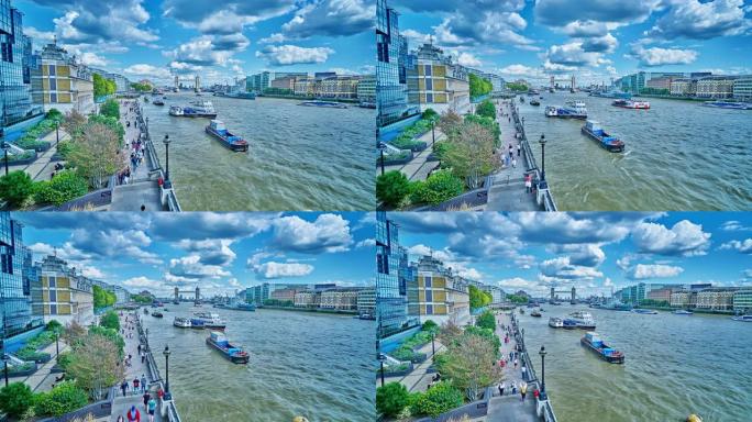泰晤士河的渡轮。塔桥。金融大厦。河畔。