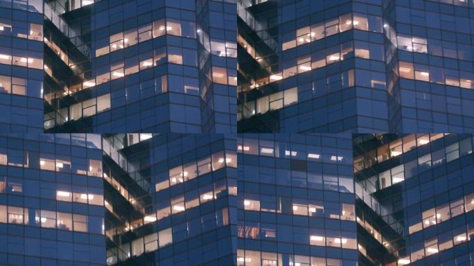 曼谷市办公室窗口之夜，为后期工作概念，平移镜头