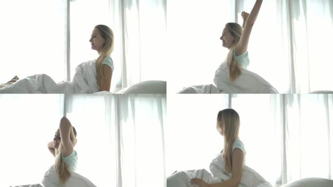 女人在清晨醒来康复伸懒腰健康生活