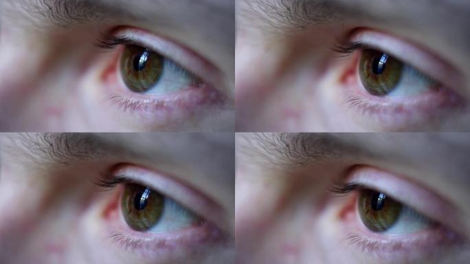中年男性棕色眼睛慢动作闪烁的特写微距镜头