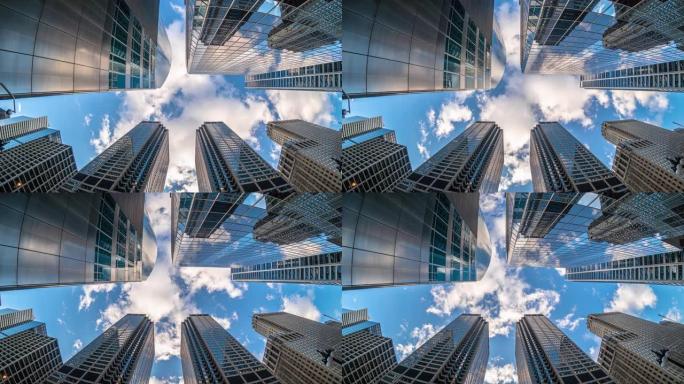 美国伊利诺伊州高层建筑中的云层反射芝加哥市中心摩天大楼的4k时间推移上升角度，商业和视角概念