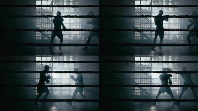 两名专业的年轻肌肉光着膀子的男性拳击手的电影慢动作镜头在拳击场上进行友好的战斗