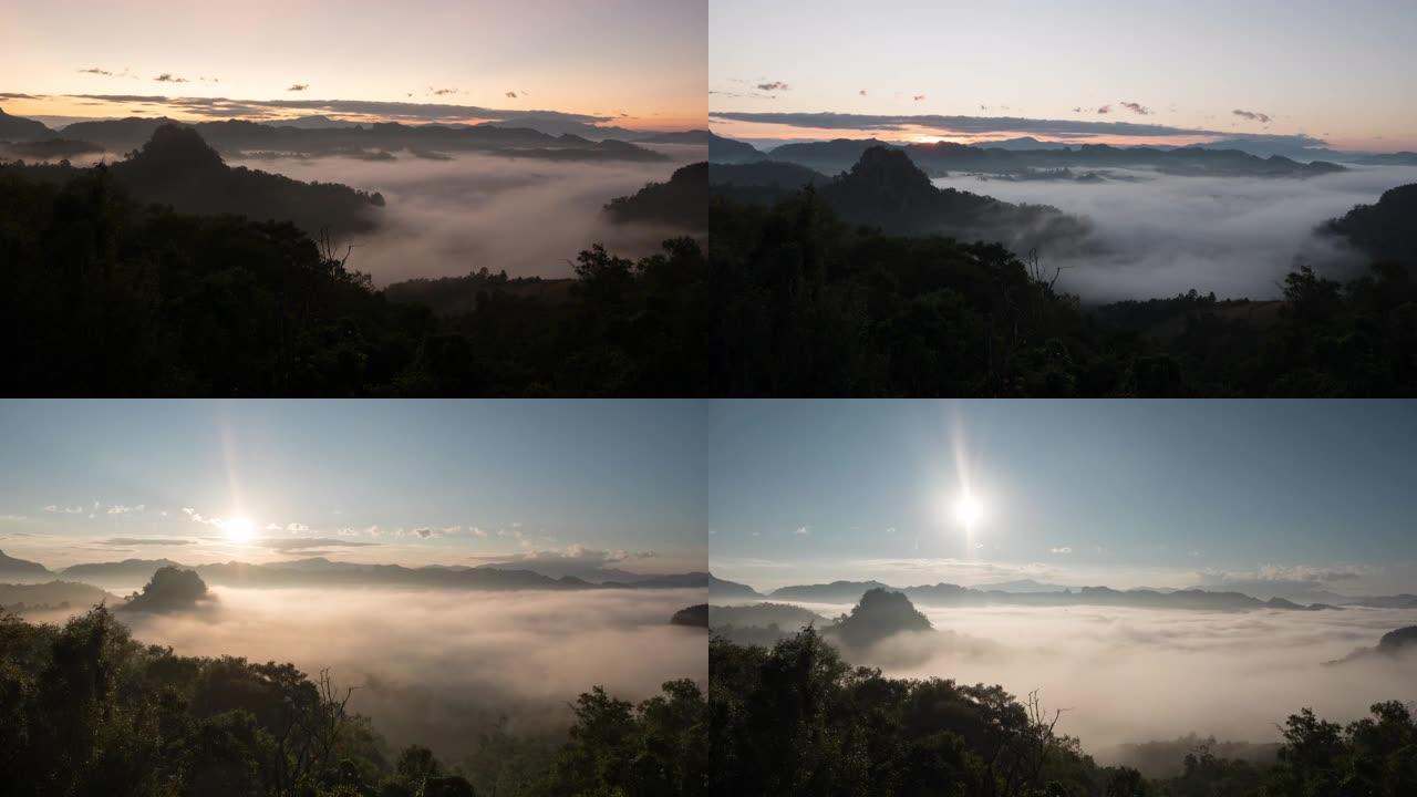 大自然中的山的日出，迷雾云的延时快速运动