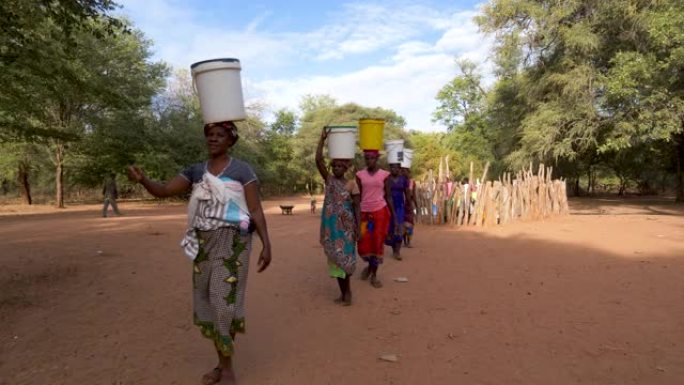 水上之旅。五名妇女和一名婴儿长途跋涉回家，从津巴布韦的公共水泵中抽水后，用塑料容器将水装在头上