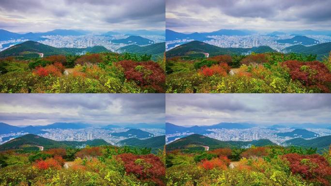 4K.韩国秋季城市景观釜山市的延时视图