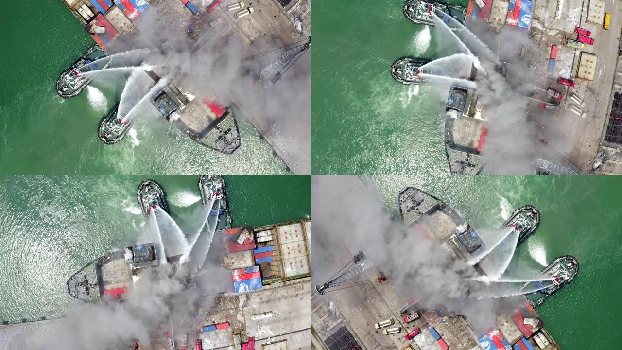 港口货物火灾事故中燃烧的消防船产品消防员