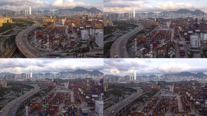香港城市和集装箱货船在码头商业港口、商业物流和运输业的4k分辨率鸟瞰图