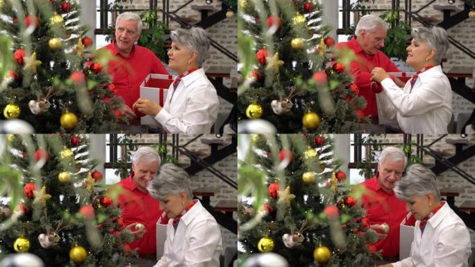 充满爱心的高级男子将圣诞装饰品递给配偶，而她则将其挂在圣诞树上微笑