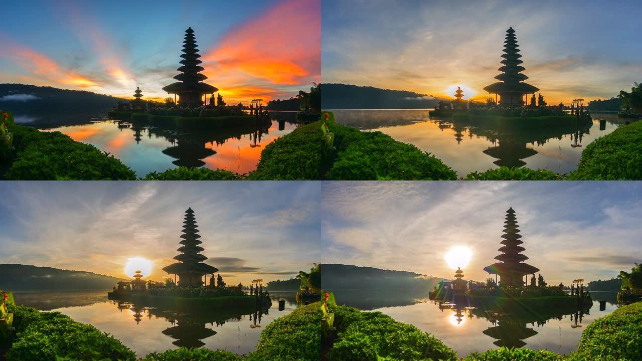 4K，印度尼西亚巴厘岛Pura Ulun Danu Bratan寺的延时日出场景