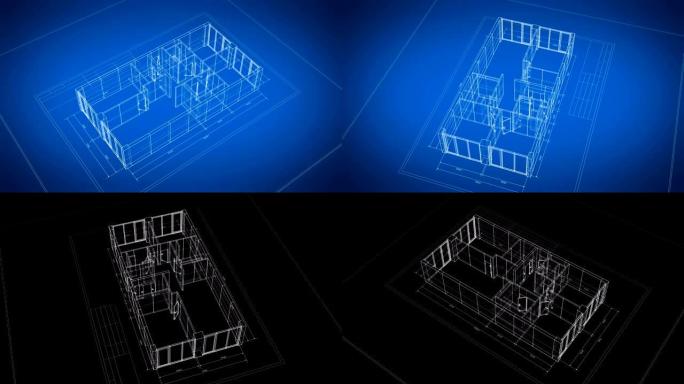 美丽的抽象3d蓝图的公寓旋转在黑色和蓝色无缝。循环3d动画网格网格。建筑业务理念。