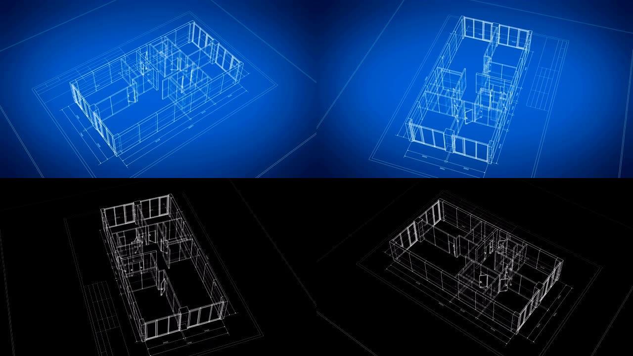 美丽的抽象3d蓝图的公寓旋转在黑色和蓝色无缝。循环3d动画网格网格。建筑业务理念。