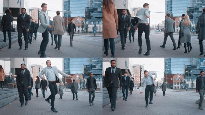穿着灰色西装外套的开朗年轻商人正在城市街道上积极跳舞。办公室经理穿过繁忙的办公室人群上下班。市中心的