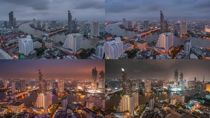 曼谷市的平移镜头，日夜时间流逝