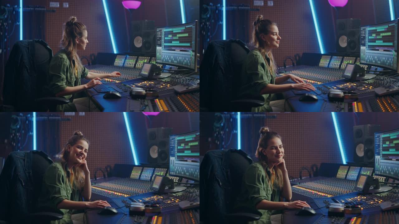时尚、美丽的女性音频工程师在音乐录音棚工作，使用混音板创作歌曲。看着在控制台工作的女艺术家音乐家的相
