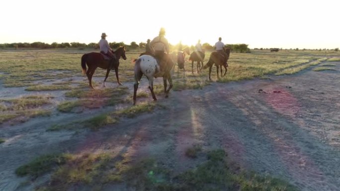 一群马和骑手在Makgadikgadi平底锅上行走