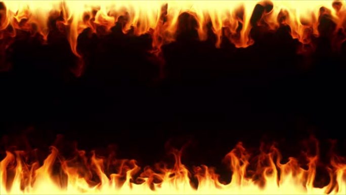 慢动作燃烧的火。在黑色隔离背景上，从下方和上方围绕屏幕的火热框架。无缝循环3d渲染