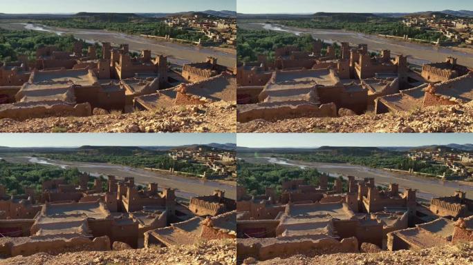 摩洛哥古老的防御工事村庄Ait-Ben-Haddou的Ksar的万向节镜头。4K, UHD