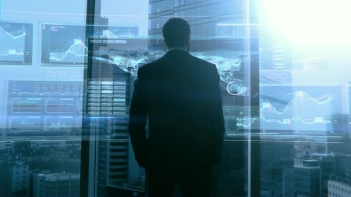 未来商务办公概念: 有影响力的商人站在他的窗口旁边，集成全息显示器显示信息图表，统计数据和各种相关信