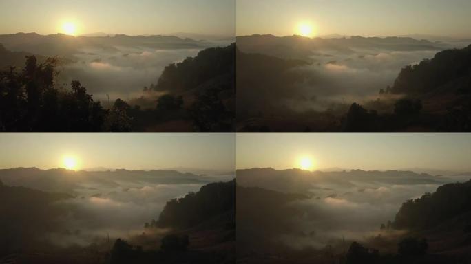 雾的鸟瞰图流过泰国北部的雨林山