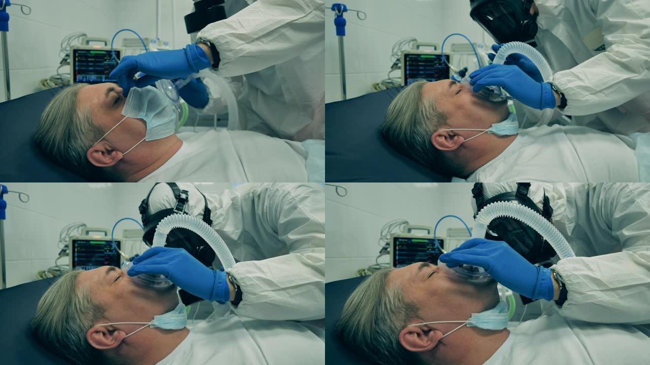 正在给一名熟睡的男性患者戴上氧气面罩
