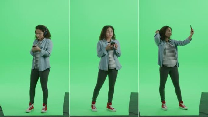 3合1绿屏拼贴: 美丽的少女使用智能手机，戴着耳机，听音乐和舞蹈，通过互联网，社交媒体浏览。多角度最