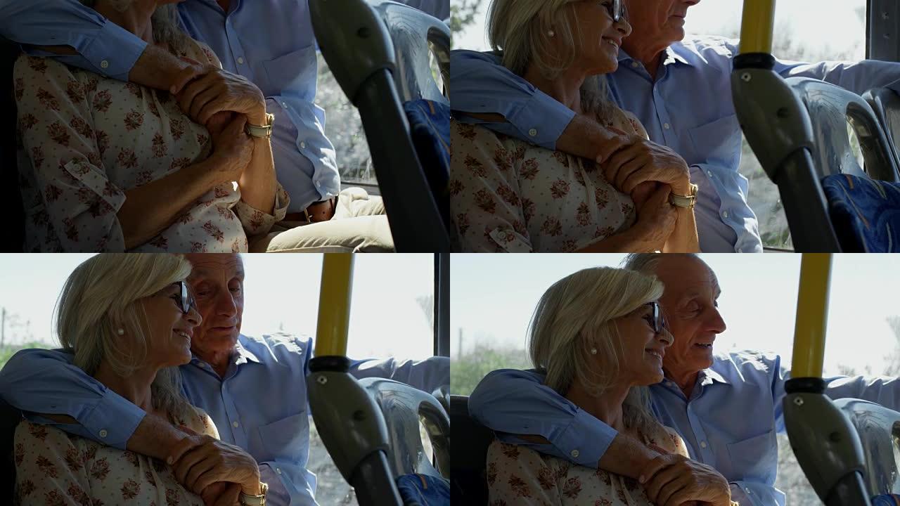 高级夫妇在4k公交车上相互交流