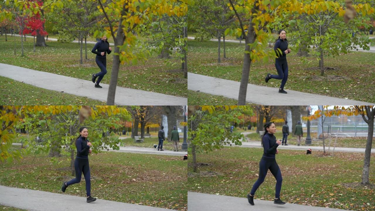 秋季，单身成年女性在公园慢跑
