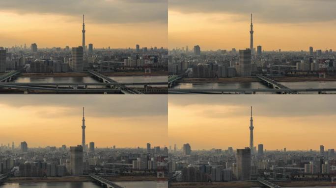 东京晴空树的4k时间流逝与各种建筑的城市景观和交通道路交叉口在日落时间高峰时间有来自日本塔厅船博里观