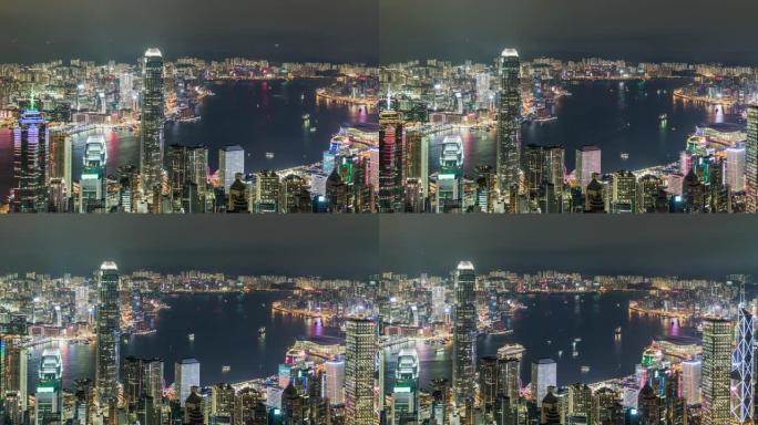 航班号航拍香港市区及维多利亚港夜间瞰图