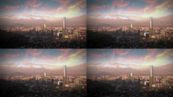 黄昏的圣地亚哥天际线 (智利)。