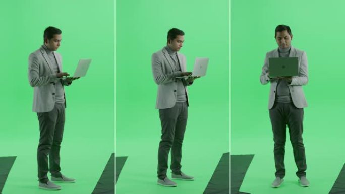 3合1分割的绿屏拼贴: 穿着西装的英俊印度商人站着拿着笔记本电脑并在上面工作。多角度价值包: 正面、