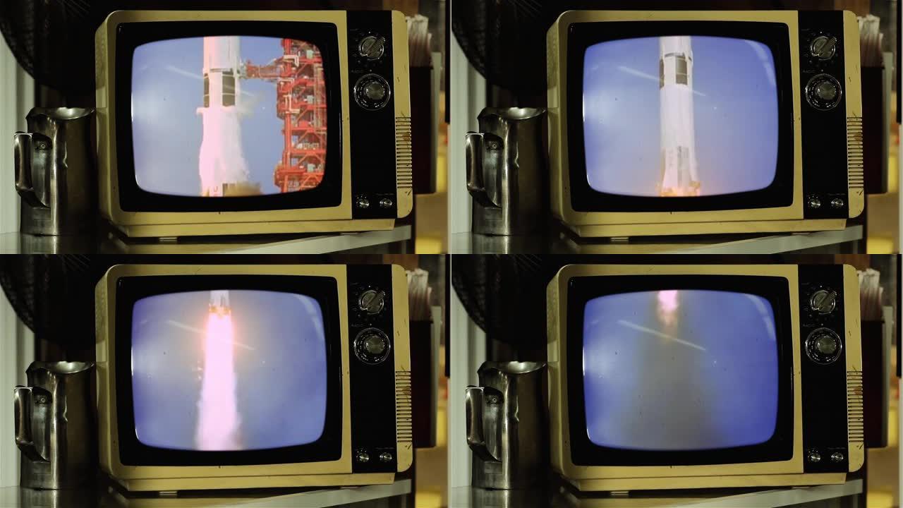 1969。美国国家航空航天局阿波罗11号在老式复古电视上发射的历史镜头。
