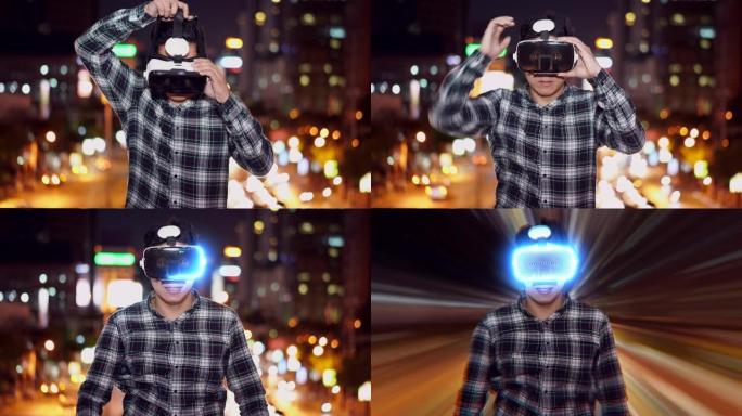 男子戴虚拟现实护目镜，VR技术