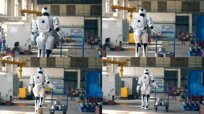 仿生机器人拉着一辆手推车，走在工厂的房间里。