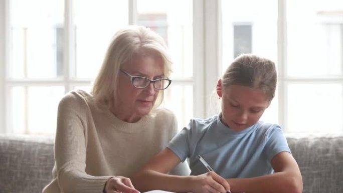 老年导师或祖母帮助小学生或孙女做家庭作业