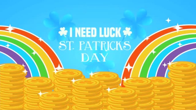 圣帕特里克节动画卡与彩虹中的宝藏硬币