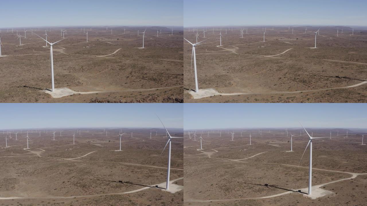 风力涡轮机未转动的4k空中平移视图，这导致了能源产生的主要问题