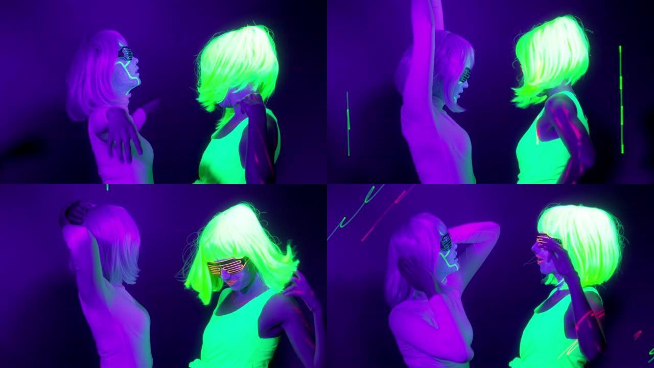 在霓虹灯下跳舞的美丽性感女性的慢镜头。夜总会，派对概念。