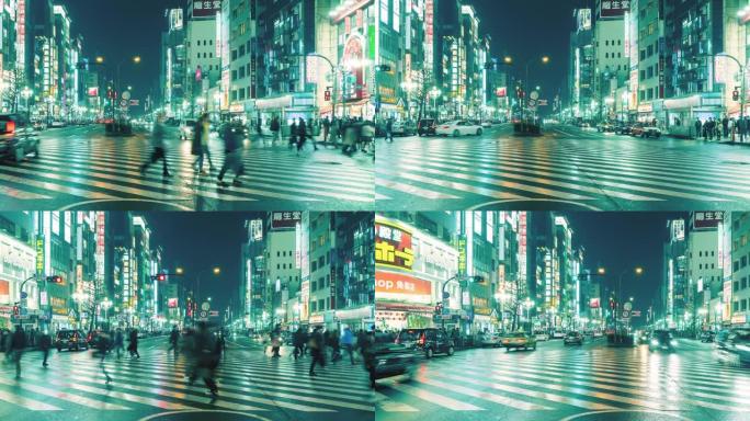新宿晚上在车流的购物区前穿越，日本延时盘向左